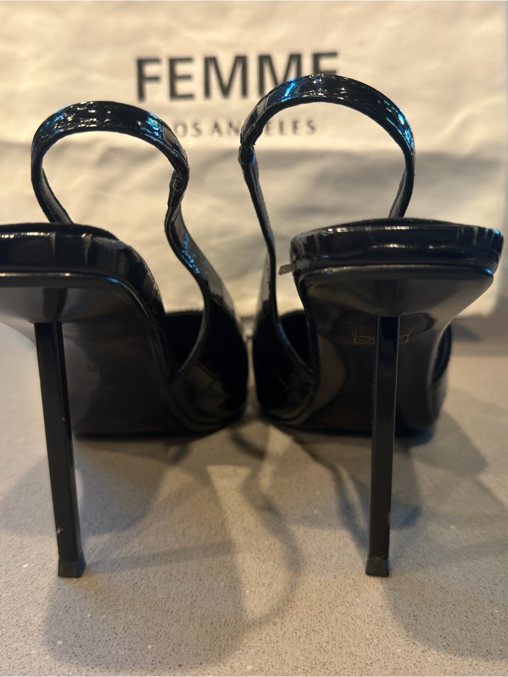 FEMME LA Exotic Noir G63 Slingback Heels Size 38 Fits Size 8 - Picture 2 of 5
